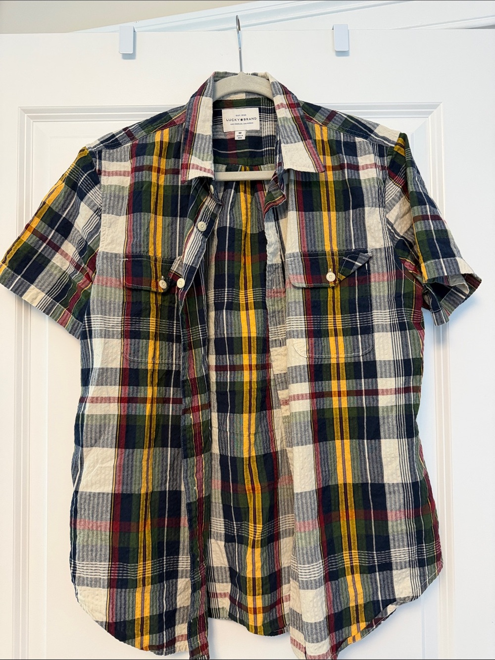 Lucky Brand Men’s Short-Sleeve Plaid Shirt - Navy/Yellow/Green